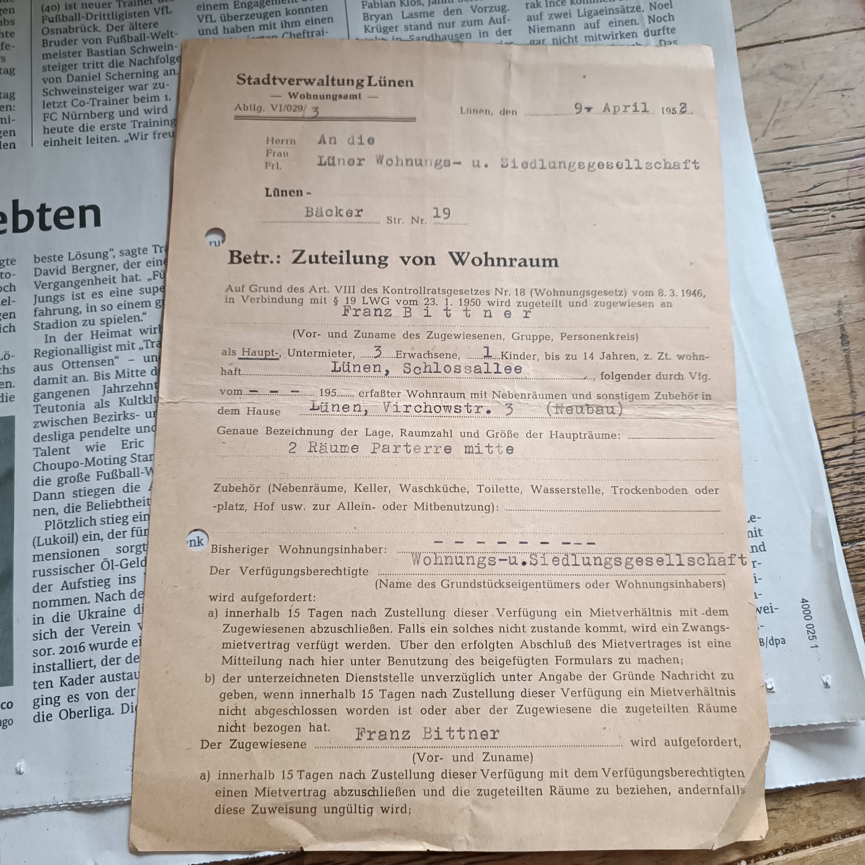 Zuteilung von Wohnraum; Datum 09. April 1952
